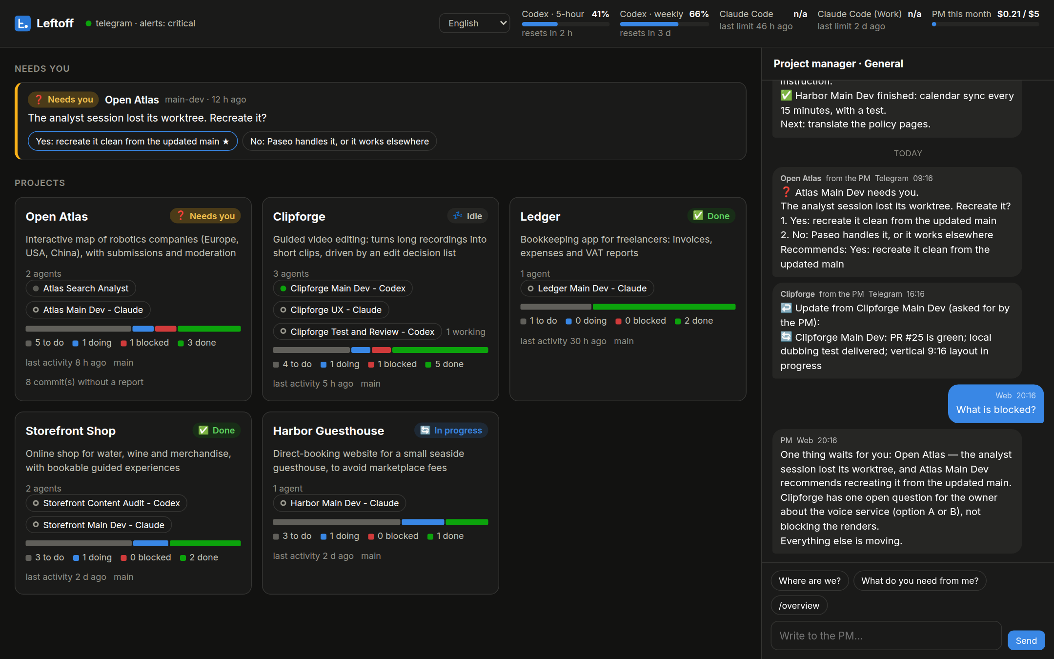 Leftoff Agents control panel screenshot